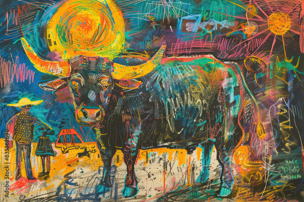 Сolorful, abstract painting featuring a large bull with prominent horns. The background is filled with vibrant, swirling colors and various abstract shapes Сolorful, abstract painting featuring a large bull with prominent horns. The background is filled with vibrant, swirling colors and various abstract shapes
