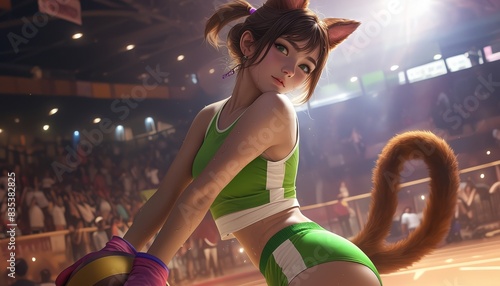 Anime cosplay of a sports girl in the gym. Beautiful and cute face of a young girl with cat ears. photo