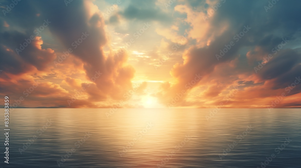 Majestic Sunset Over a Tranquil Ocean with Dramatic Clouds and Reflections Majestic Sunset Over a Tranquil Ocean with Dramatic Clouds and Reflections