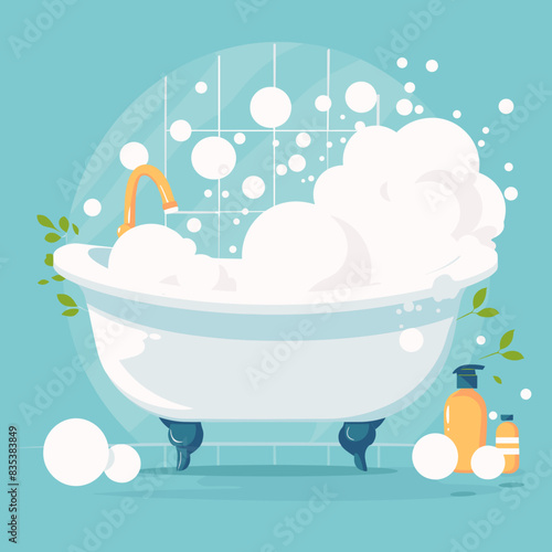 Bathtub Overflowing with Bubbles in Modern Bathroom