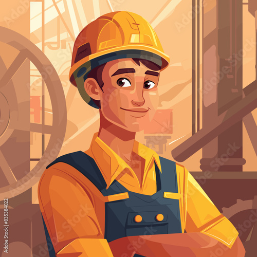 Smiling Construction Worker in Yellow Hard Hat with Industrial Background