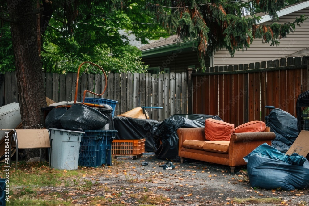 An urban backyard cluttered with furniture and trash bags. An urban backyard cluttered with furniture and trash bags.