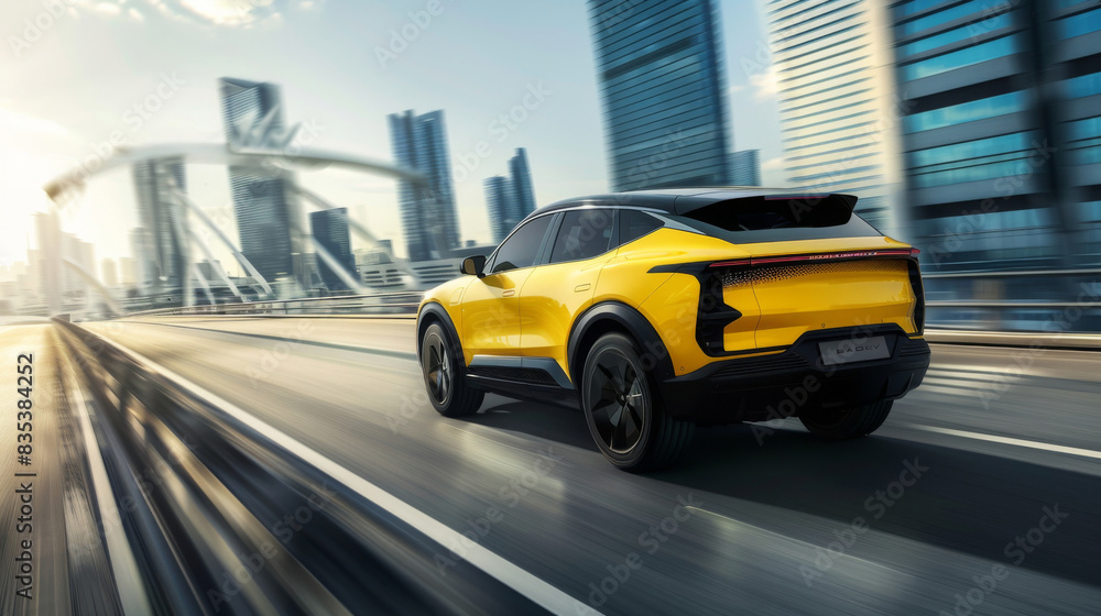 Bright yellow electric suv driving on a city expressway with modern skyscrapers in the background Bright yellow electric suv driving on a city expressway with modern skyscrapers in the background