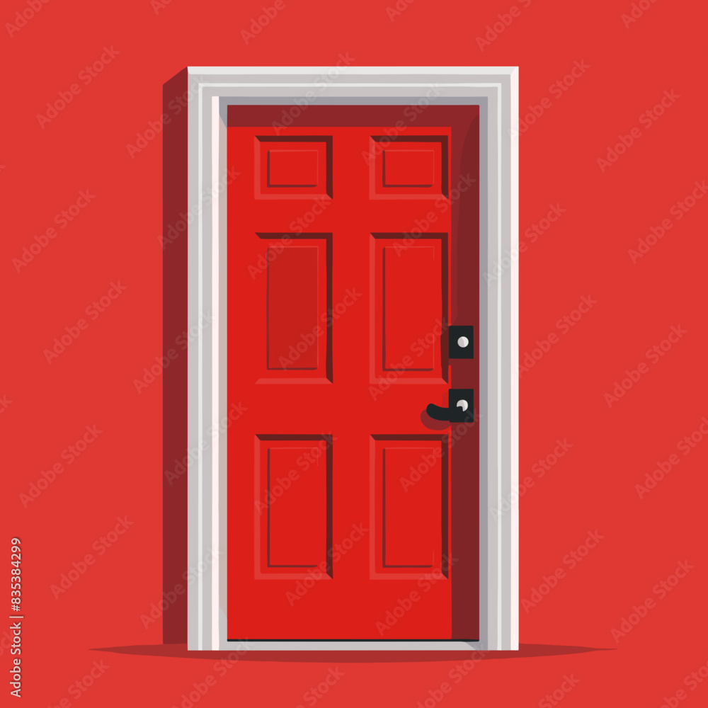 Red Door with White Trim and Black Handle Against Red Background Red Door with White Trim and Black Handle Against Red Background