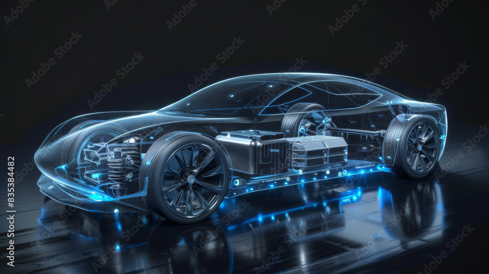Holographic projection of a concept car with visible internal components against a dark backdrop Holographic projection of a concept car with visible internal components against a dark backdrop