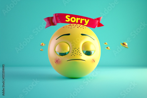 Produce a 3D yellow emoji with a remorseful expression. It's topped by a red ribbon banner with 