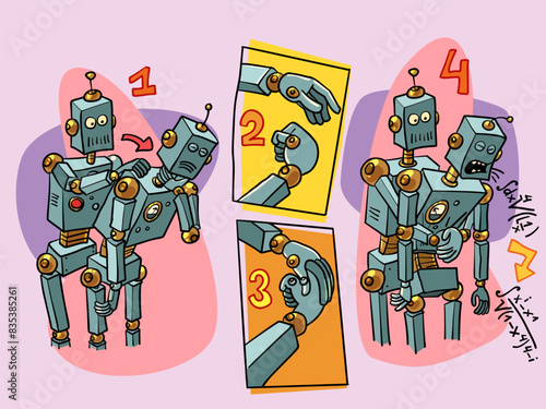 Heimlich maneuver, saving someone choking on food. Futuristic instructions for the future. Robots helping each other and repairing colleagues. The problem is in formulas and numbers.