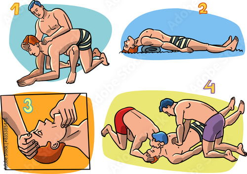 Rescue of a drowning person, artificial respiration Instructions for providing assistance on the water shore. Urgent medical care in critical situations. Incident on the beach.