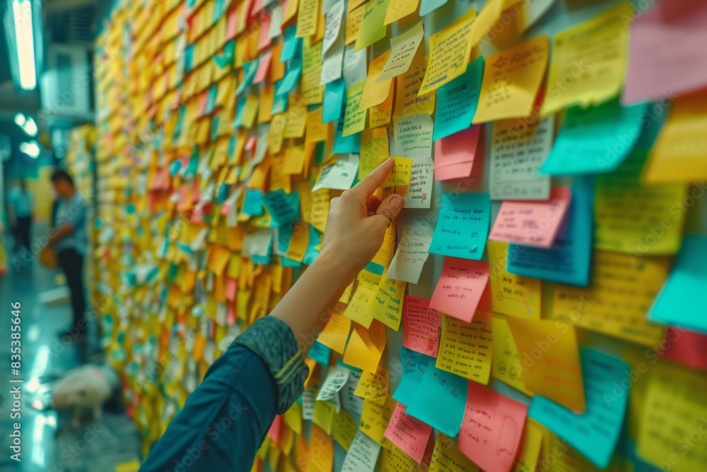 Fototapeta premium A visual of sticky notes being placed and rearranged on a board, illustrating the process of organizing and prioritizing ideas,