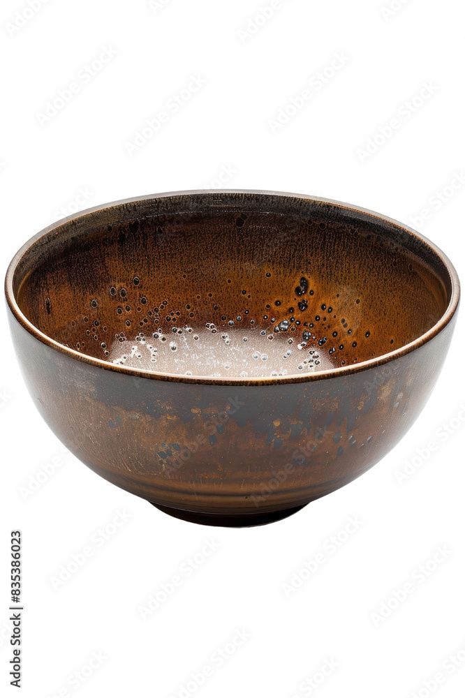 A brown ceramic bowl with a white foamy substance inside. The bowl has a speckled glaze. A brown ceramic bowl with a white foamy substance inside. The bowl has a speckled glaze.