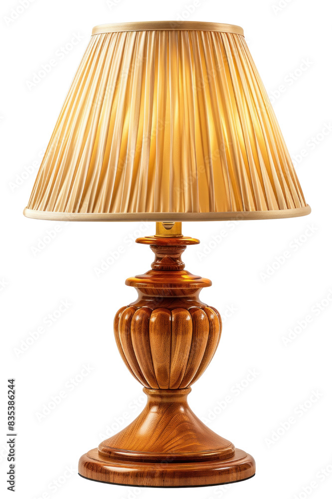 A classic wooden table lamp with a pleated fabric shade, casting warm light. A classic wooden table lamp with a pleated fabric shade, casting warm light.
