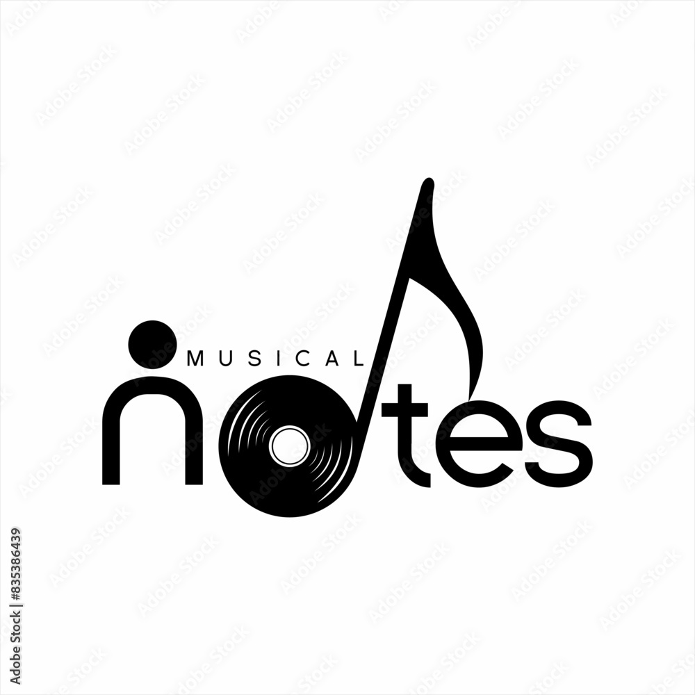 Fototapeta premium Musical notes text logo design with human, vinyl record and eighth note symbols.