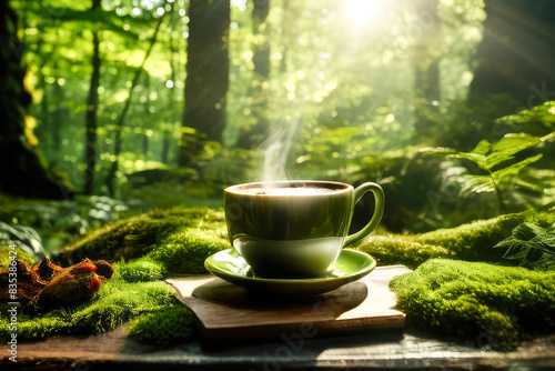 A cup of hot coffee drink on the tree stump in summer forest.