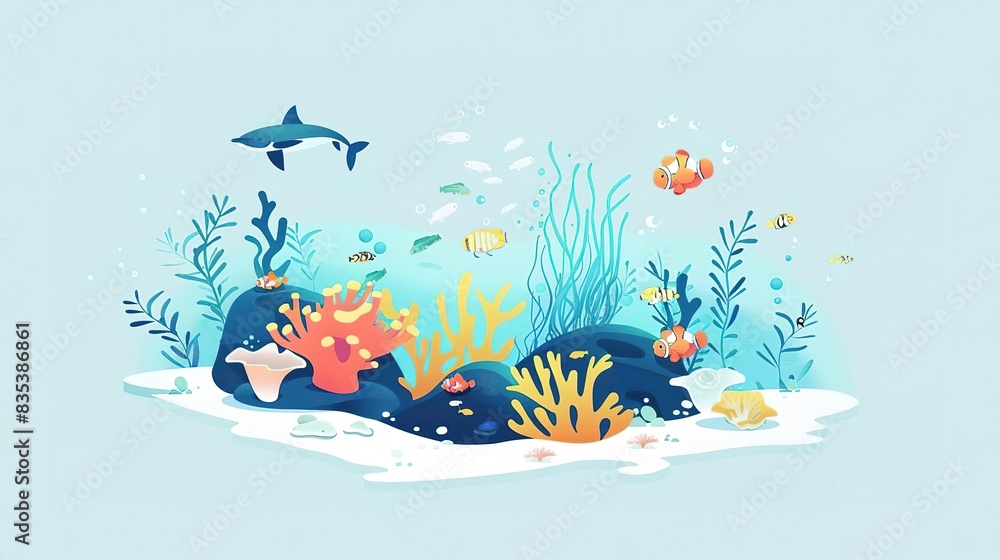 Fototapeta premium Colorful underwater scene with fish, coral, and a dolphin. The wonders of nature, animals and ecosystems concept.