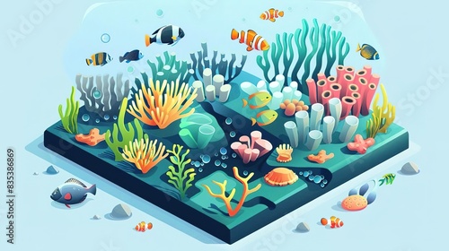 Fototapeta Naklejka Na Ścianę i Meble -  Colorful coral reef with various fish and marine life in an isometric style. The wonders of nature, animals and ecosystems concept.
