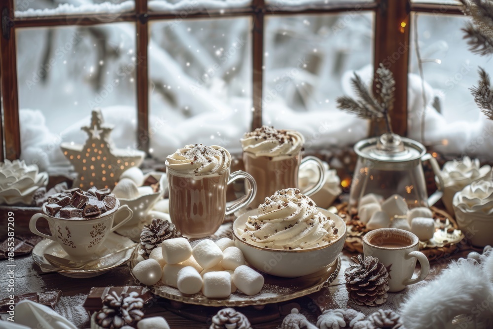 Fototapeta premium Cozy Winter Scene with Hot Chocolate and Toppings by a Snowy Window - Perfect for Holiday Cards, Posters, or Decor