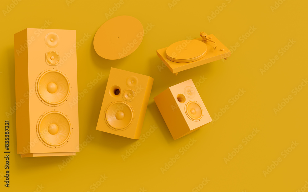 Set of Hi-fi speakers and DJ turntable for sound recording studio on monochrome Set of Hi-fi speakers and DJ turntable for sound recording studio on monochrome