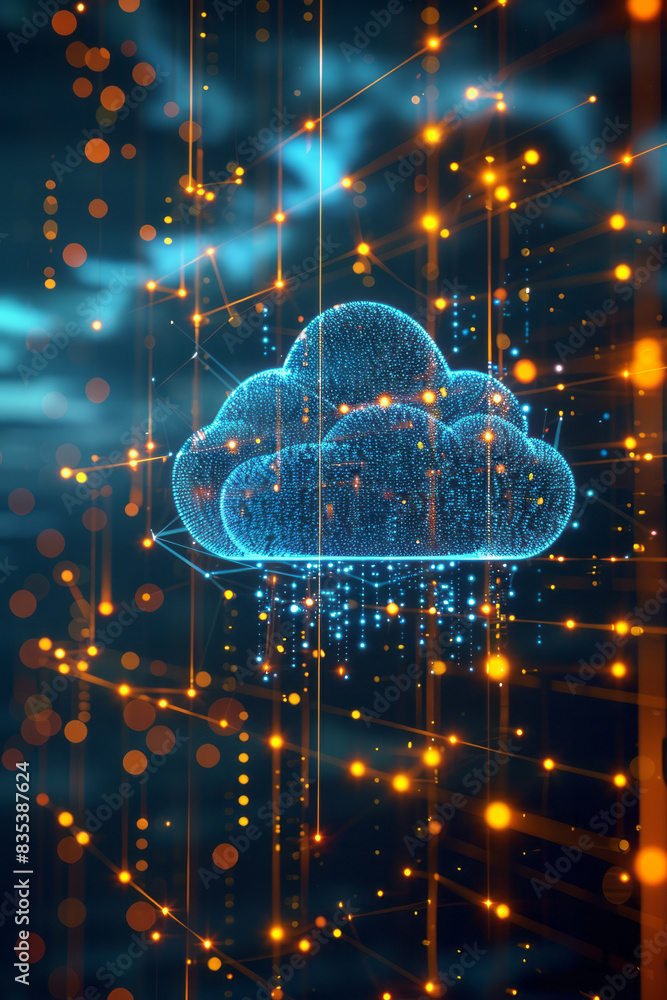An illustration of a business network with multiple branches connected via cloud services, An illustration of a business network with multiple branches connected via cloud services,