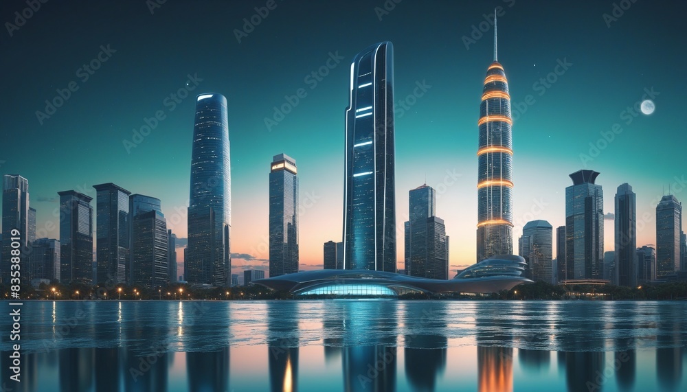 Fototapeta premium A futuristic building with lake