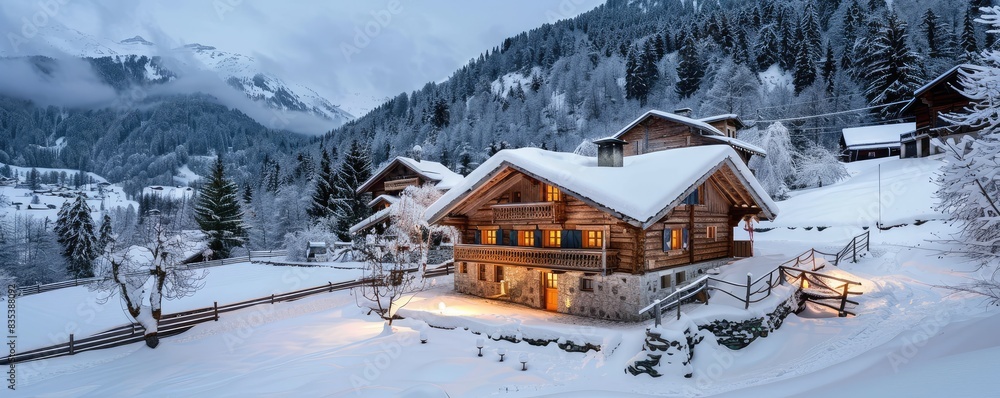 Luxurious mountain chalet in snowy landscape. Luxurious mountain chalet in snowy landscape.