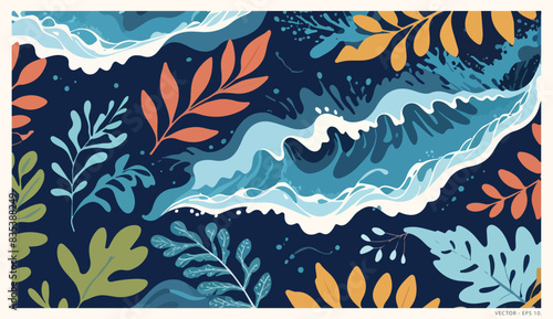 Natural Fusion - Vector Illustration of Nature Leaves and Ocean Waves.