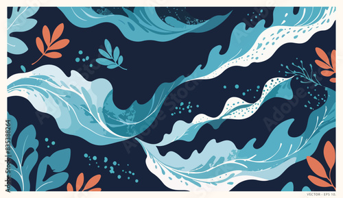 Natural Fusion - Vector Illustration of Nature Leaves and Ocean Waves.