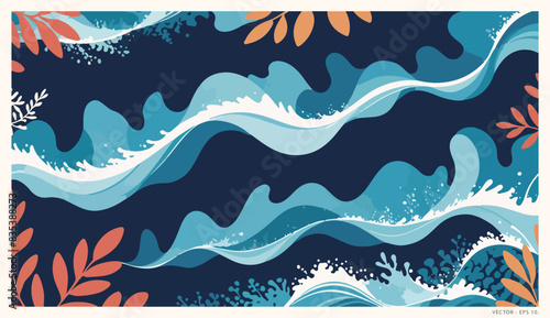 Natural Fusion - Vector Illustration of Nature Leaves and Ocean Waves.