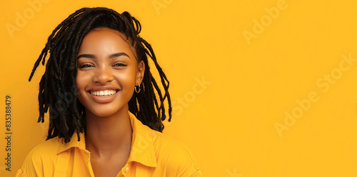 young smiling black woman dreadlocks jumpsuit skin care beauty skincare cosmetics yellow background copy space 