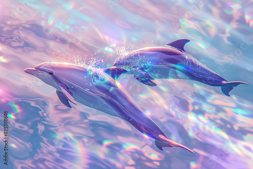Two dolphins swimming underwater with shimmering holographic light effects on the water surface. The scene features a dreamy, colorful ambiance.