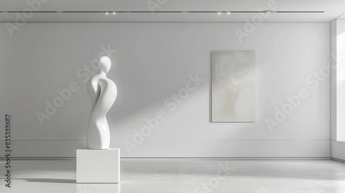 Contemporary Avant Art Gallery mockup showcasing modern figurative sculptures in a clean, minimalist environment, emphasizing form, texture, and innovative design, photo