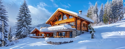 Luxurious mountain chalet in snowy landscape.