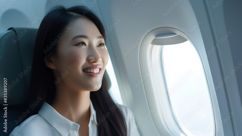 Asian businesswoman open the window of the plane to see the view outside from seat. Smile and enjoy the journey Asian businesswoman open the window of the plane to see the view outside from seat. Smile and enjoy the journey