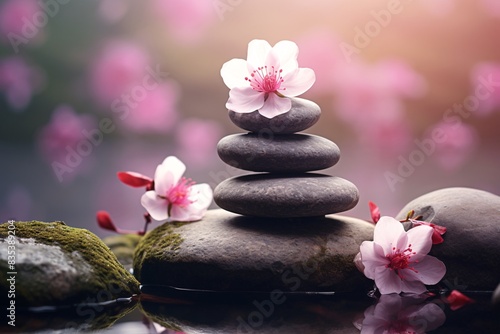 a stack of stones with flowers on top