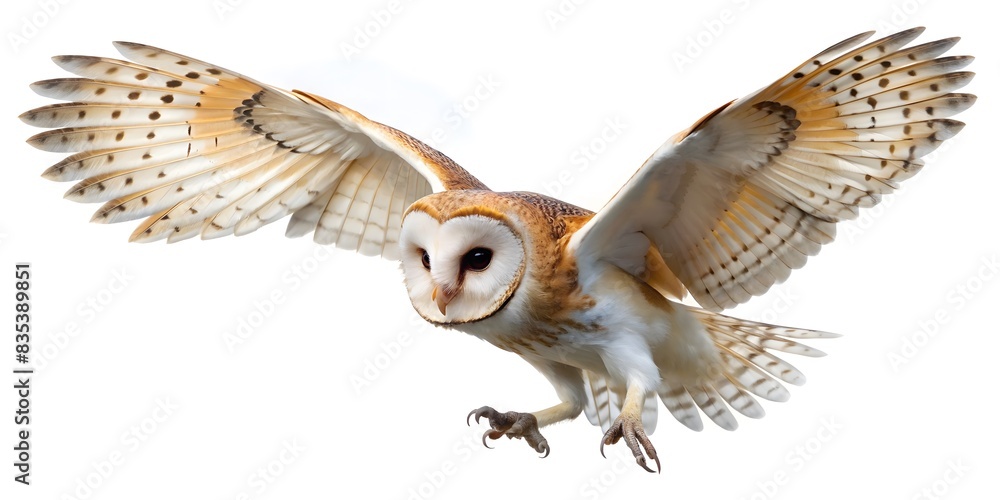 Barn Owl in Flight, Side View Perspective, Wildlife Bird Photography, Isolated on White Background Barn Owl in Flight, Side View Perspective, Wildlife Bird Photography, Isolated on White Background