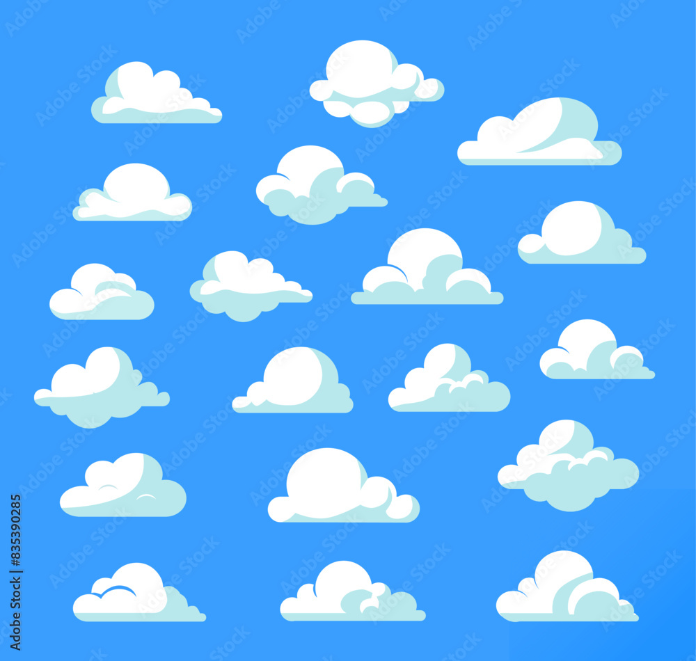 cloud set on blue background. vector cartoon clouds set. cloud set on blue background. vector cartoon clouds set.
