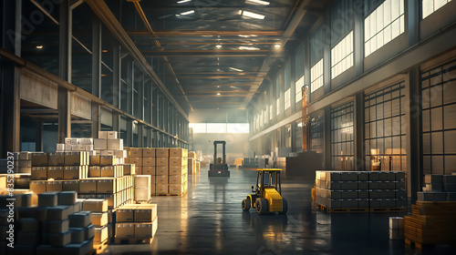 The large warehouse with boxes of goods stand on pallets and a forklift stands nearby. An industrial building with high ceilings
