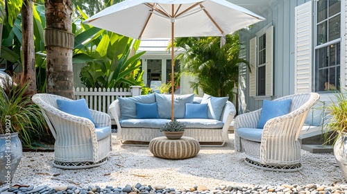 Coastal Gravel Patio, white wicker furniture with blue cushions, large umbrella, blue skies, luxury house photo