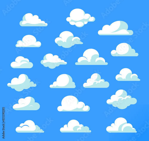 cloud set on blue background. vector cartoon clouds set.