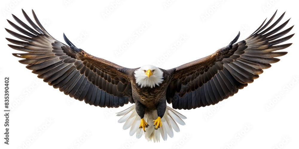 Obraz premium Majestic Bald Eagle in Flight, Front View Perspective, White and Brown Feather Detail