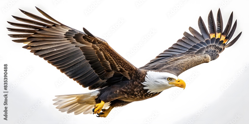 Obraz premium Majestic Bald Eagle in Flight, Side View Perspective, White and Brown Feather Detail, Sharp Eyes