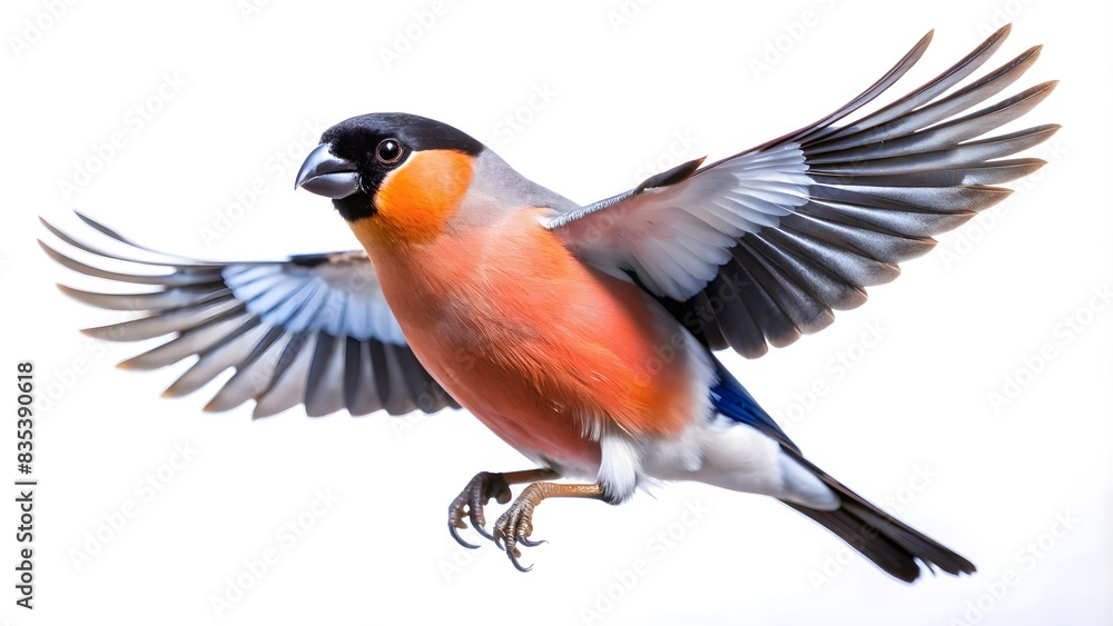 Obraz premium Vibrant Bullfinch in Flight, Side View Perspective, Nature Bird Photography, Detailed Feather Texture, White Background