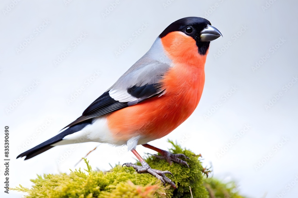Fototapeta premium Vibrant Bullfinch in Perch on Moss, Side View Perspective, Nature Bird Photography, Detailed Feather Texture, White Background