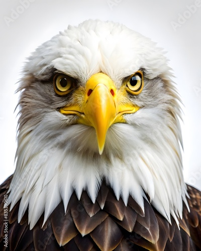 Bald Eagle Close Up Portrait  Front View Perspective  Wildlife Bird Photography  Isolated on White Background