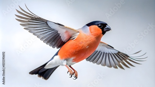 Vibrant Bullfinch in Flight, Side View Perspective, Wings Spread Open, Nature Bird Photography, Detailed Feather Texture, White Background