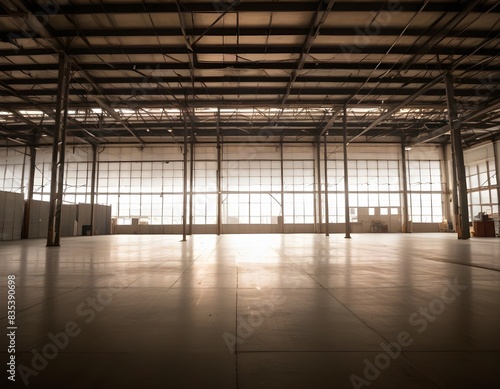 A large, empty industrial warehouse with high ceilings, concrete floors, and metal beams supporting the roof structure that appears to be dimly lit, creating a sense of vastness and potential © nissrine