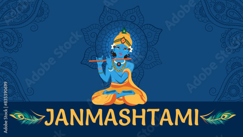 Janmashtami. God Krishna plays the flute. Poster. Blue background. photo