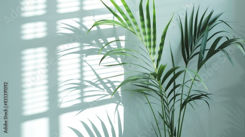 A gentle white backdrop for showcasing products with a plant s shadow and blinds reflected on the wall