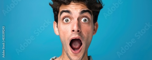 Shocked man with wide open eyes on blue backdrop