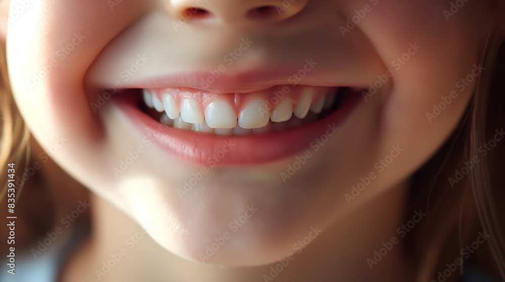 Close up of a smiling little girl with white teeth, Close up view of a children girl mouth with healthy teeth Close up of a smiling little girl with white teeth, Close up view of a children girl mouth with healthy teeth