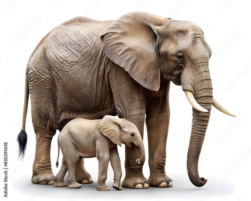 Obraz premium African Elephant Family Bonding, Adult and Calf, Wildlife Portrait, on White Background